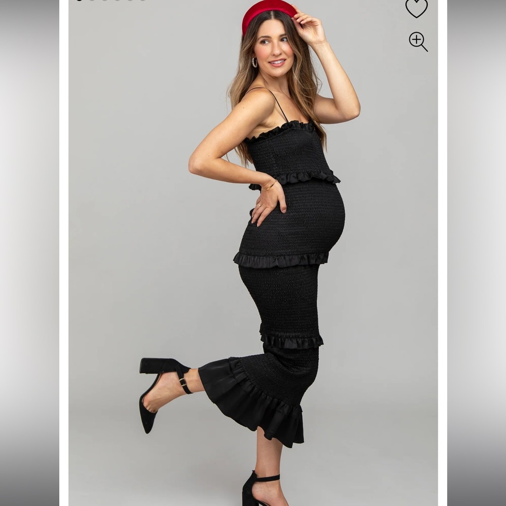 Black Satin Smocked Fitted Maternity Midi Dress pinkblush